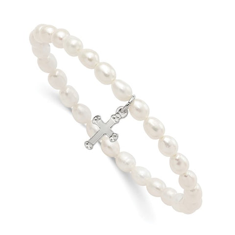 Sterling Silver Polished Cross and 4-5mm White Rice Shape Freshwater Cultured Pearl 40mm Stretch Bracelet with Pink Gift Pouch