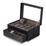 Black Pebbled Leather Glass Lid 1-Drawer Velour Lined (up to 50mm Bezel) 20-Watch Box