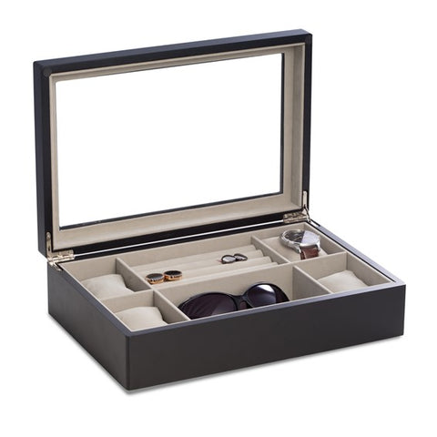 Matte Black Finish Glass Lid Velour Lined Wooden 4-Watch and Accessory Case