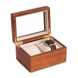 Matte Cherry Finish Glass Lid Velour Lined Wooden 2-Watch Case