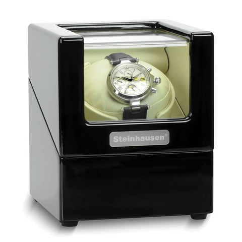 Steinhausen High Gloss Heritage Onyx Finish Leatherette Lined Single Watch Winder (AC or Batteries)
