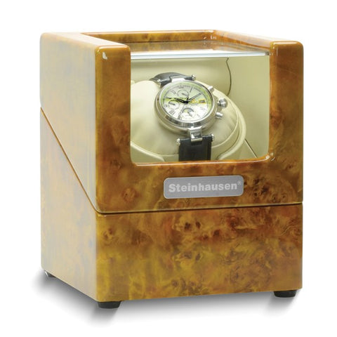 Steinhausen High Gloss Heritage Burlwood Finish Leatherette Lined Single Watch Winder (AC or Batteries)