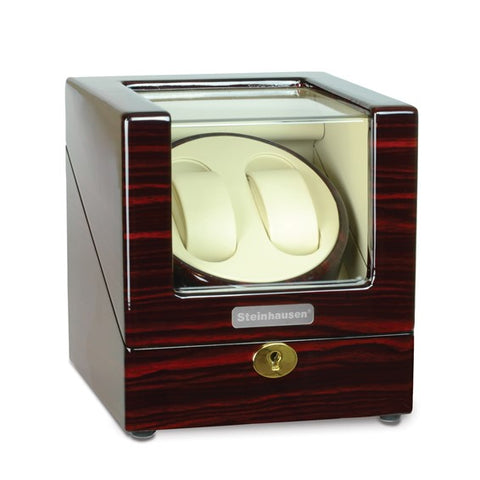 Steinhausen High Gloss Heritage Cherry Finish Leatherette Lined Locking Dual Watch Winder (AC or Batteries)