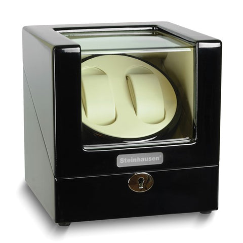 Steinhausen High Gloss Heritage Onyx Finish Leatherette Lined Locking Dual Watch Winder (AC or Batteries)