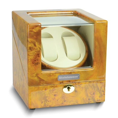Steinhausen High Gloss Heritage Burlwood Finish Leatherette Lined Locking Dual Watch Winder (AC or Batteries)