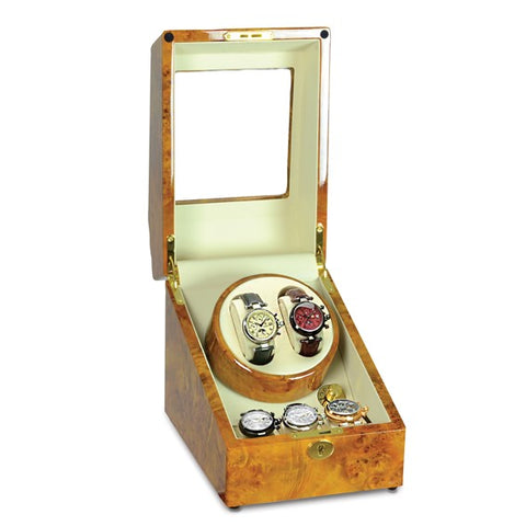 Steinhausen High Gloss Heritage Burlwood Finish Leatherette Lined Locking 2-Watch Winder with 3-Watch Storage (AC or Batteries)