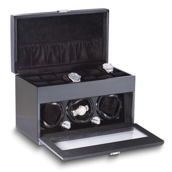 High Gloss Lacquered Carbon Fiber with Glass Door Velour Lined 3-Watch Winder with 12-Watch Top Storage Area (AC Powered)