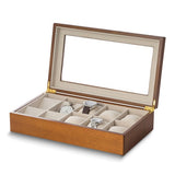 Matte Cherry Finish Glass Lid Velour Lined Wooden 6-Wrist and 4-Pocket Watch Case