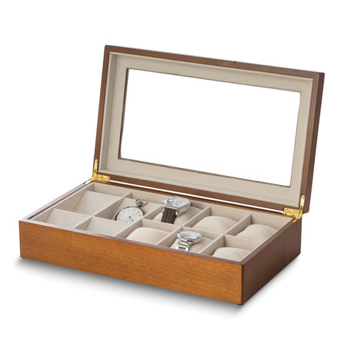 Matte Cherry Finish Glass Lid Velour Lined Wooden 6-Wrist and 4-Pocket Watch Case