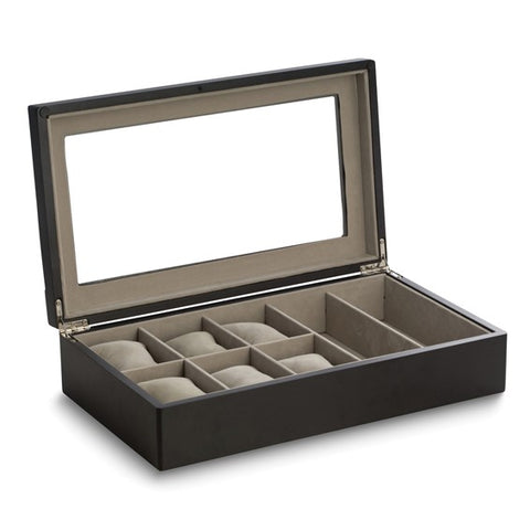Matte Black Finish Glass Lid Velour Lined Wooden 6-Wrist Watch and 2-Eyeglass Case