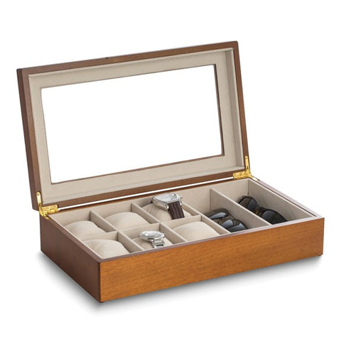 Matte Cherry Finish Glass Lid Velour Lined Wooden 6-Wrist Watch and 2-Eyeglass Case