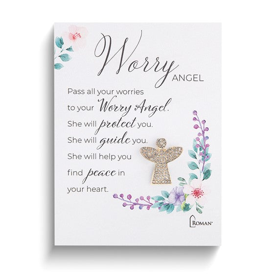 Gold-tone Worry Angel Pin with Sentiment Card