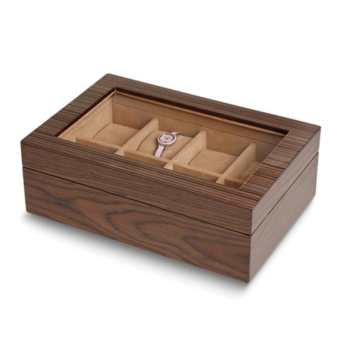High Gloss Light Brown Coffee Finish Glass Lid Velvet Lined Wood Composite 8-Watch Box
