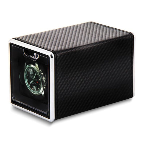 Rotations Carbon Fiber Fabric Velveteen Lined Single Watch Winder (AC or Batteries)