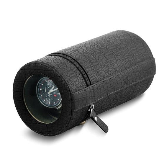 Rotations Black Croco Texture Faux Leather Velveteen Lined Zippered Travel Watch Winder (AC or Batteries)