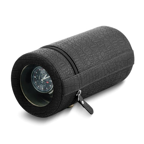 Rotations Black Croco Texture Faux Leather Velveteen Lined Zippered Travel Watch Winder (AC or Batteries)