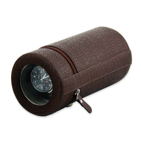 Rotations Brown Croco Texture Faux Leather Velveteen Lined Zippered Travel Watch Winder (AC or Batteries)