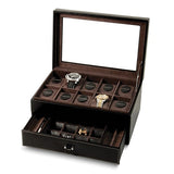 "Black Leather Glass Lid 1-Drawer Velour Lined 10-Watch, Pen and Cuff Link Case"