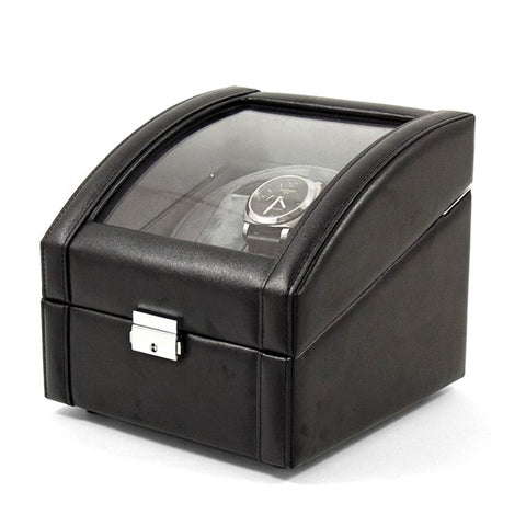 Black Leather Glass Lid Velour Lined Locking Dual Watch Winder with 2 Sizes of Pillows (AC or Batteries)