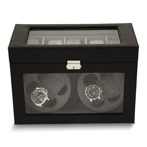 Black Leather with Glass Doors Velour Lined Locking 4-Watch Winder with 5-Watch Top Storage Area (AC/DC)