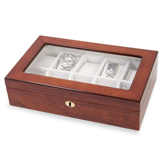 Luxury Giftware by Jere High Gloss Rosewood Finish Veneer Beveled Glass Lid Locking Wooden 10-Watch Case