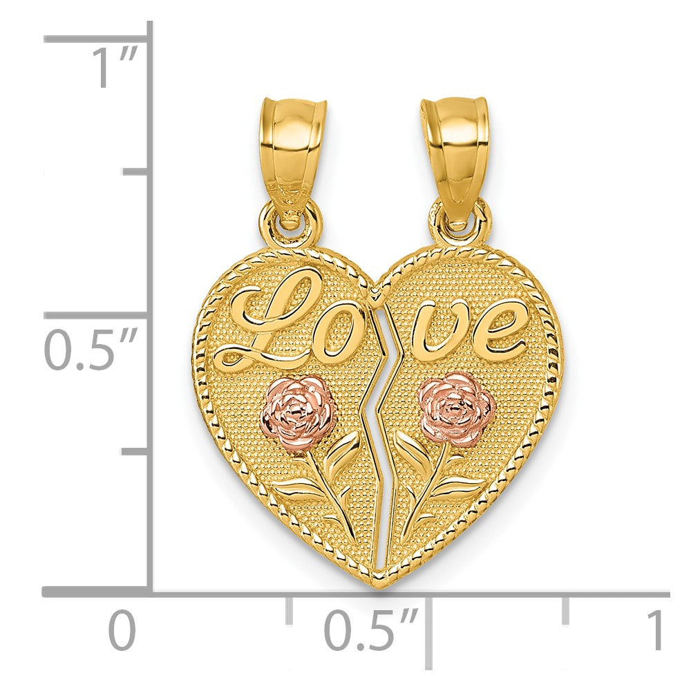 14K Two-Tone Gold Mignon Polished Break-Apart Heart With Love And Roses Pendant