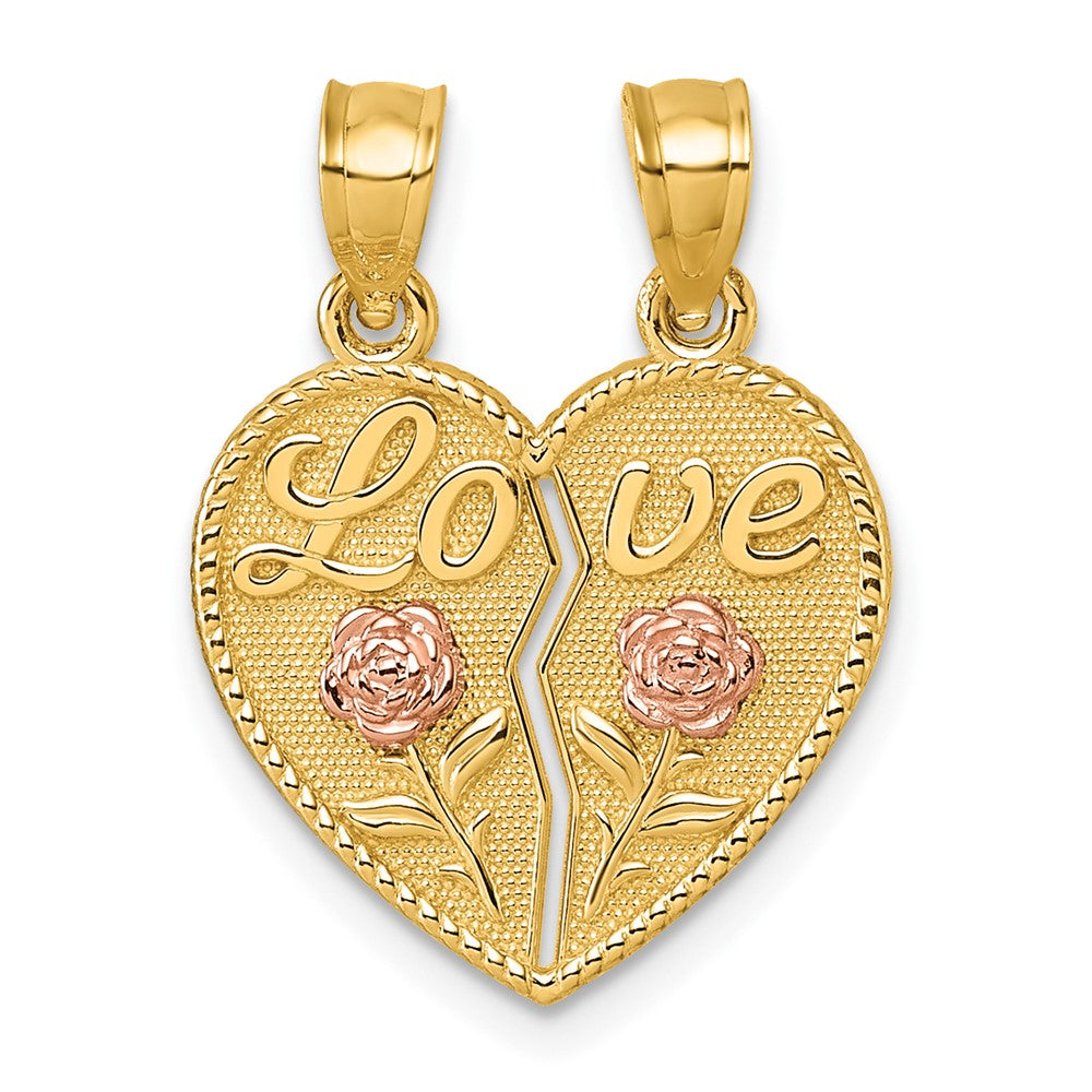14K Two-Tone Gold Mignon Polished Break-Apart Heart With Love And Roses Pendant
