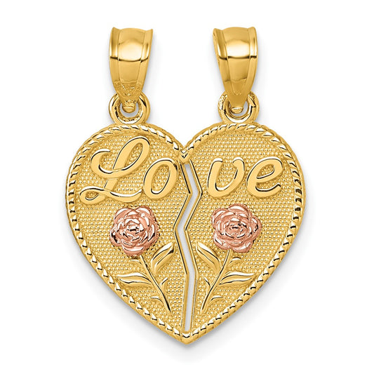 Two-tone Polished Break-Apart Heart With LOVE And Roses Pendant - WBC
