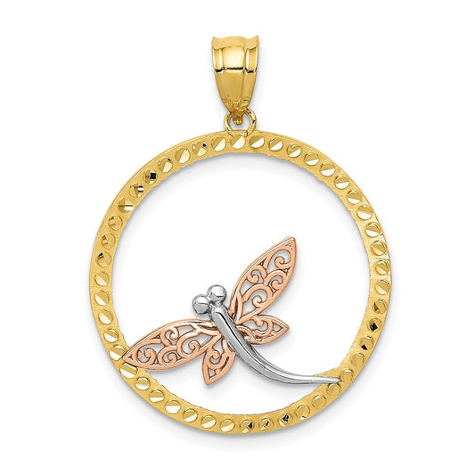 Two-tone with Rhodium Dragonfly in Circle Pendant - WBC