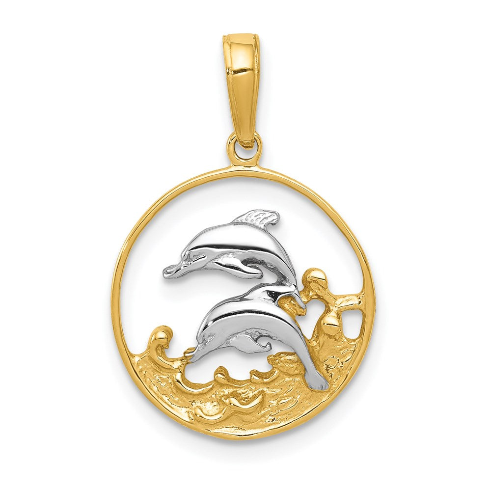 and Rhodium Double Dolphins In Circle Pendant - WBC