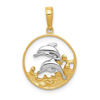 and Rhodium Double Dolphins In Circle Pendant - WBC