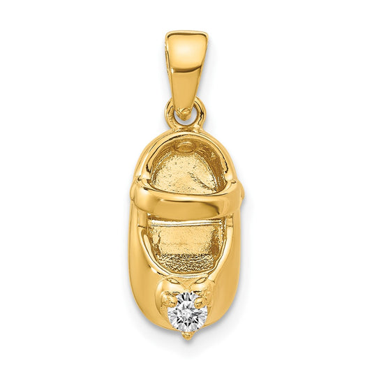 14K Gold 3-D April/Clear Synthetic Stone Engravable Baby Shoe Charm, 7mm