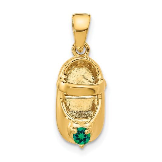 14K Gold 3-D May/Green Synthetic Stone Engravable Baby Shoe Charm, 7mm