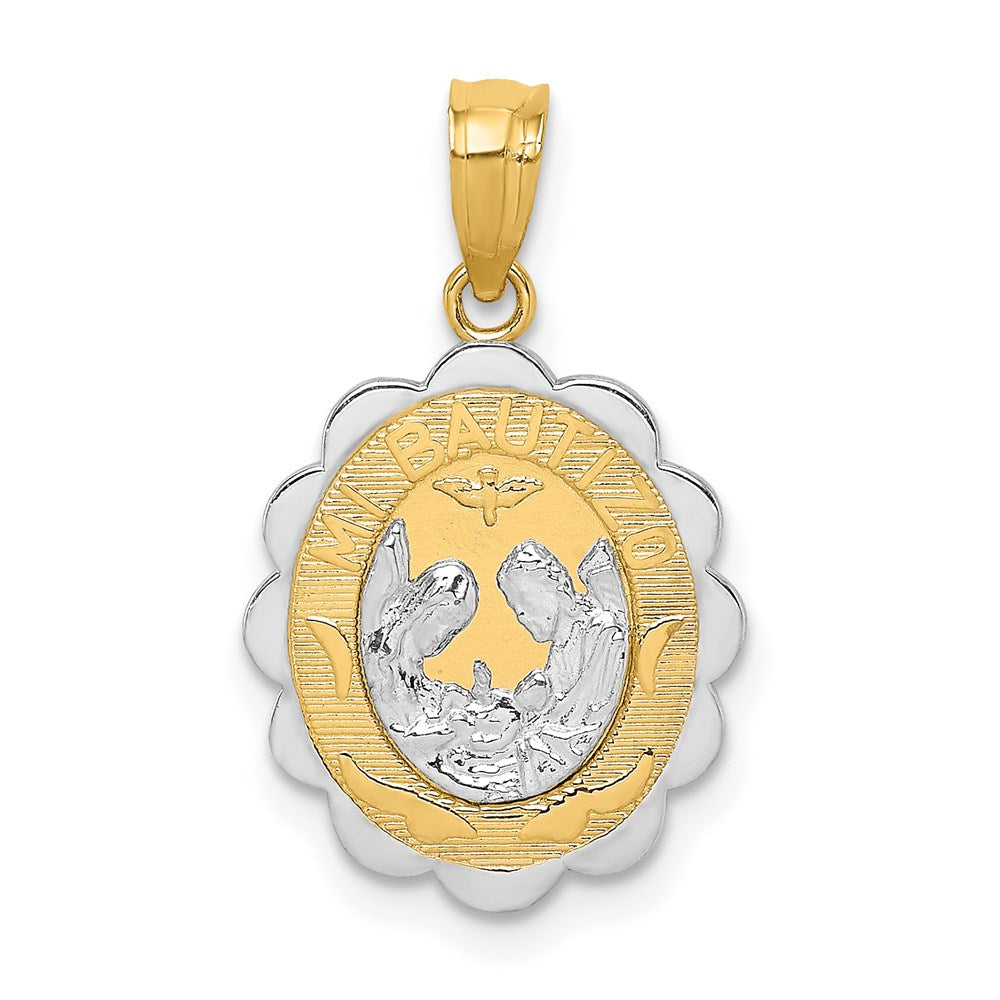 Two-tone and Rhodium Solid Spanish Baptism Mi Bautizo Oval Pendant - WBC