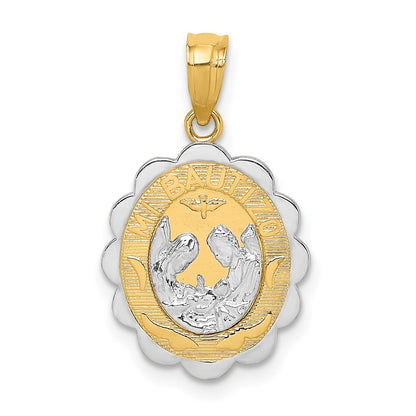 Two-tone and Rhodium Solid Spanish Baptism Mi Bautizo Oval Pendant - WBC
