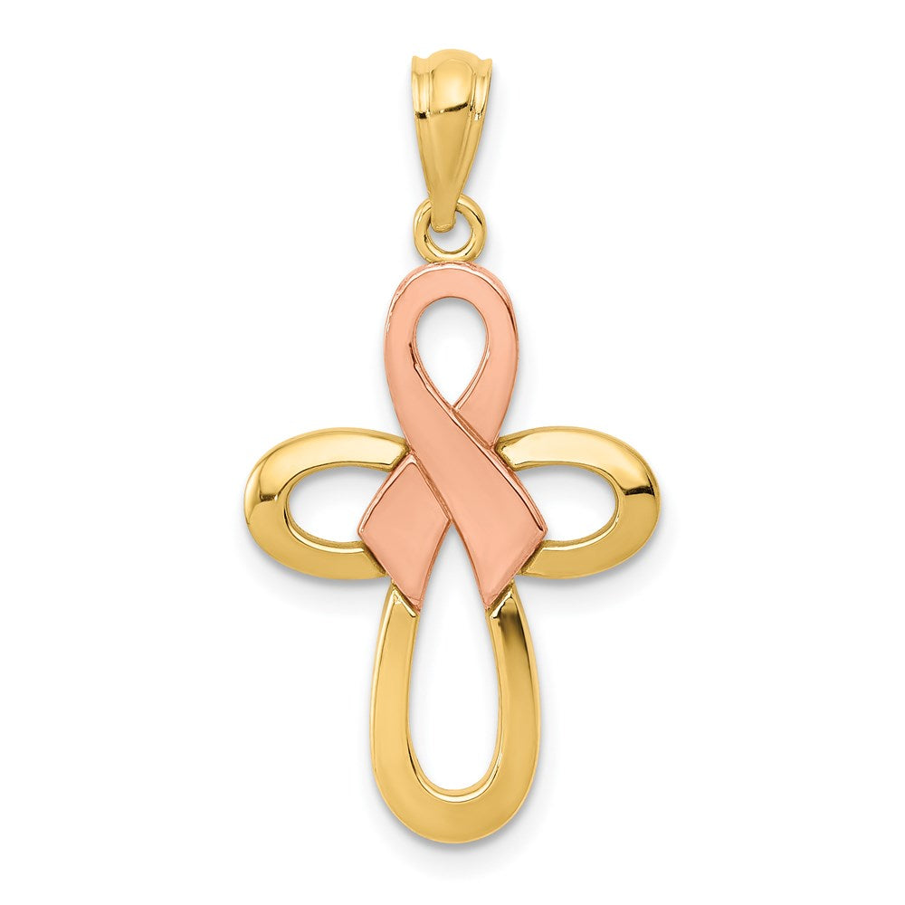 Two-tone Polished Pink Ribbon Cross Pendant - WBC
