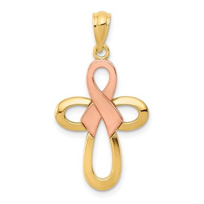 Two-tone Polished Pink Ribbon Cross Pendant - WBC