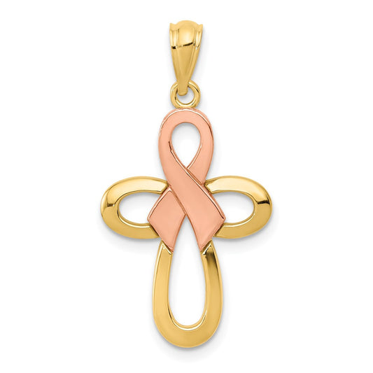 Two-tone Polished Pink Ribbon Cross Pendant - WBC