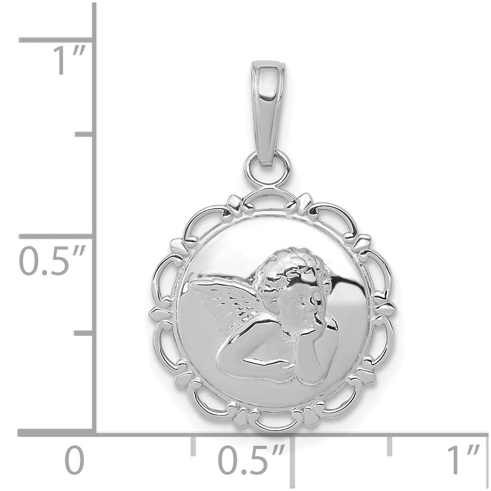 Polished Angel Cherub on Round Scallop Frame Pendant - WBC