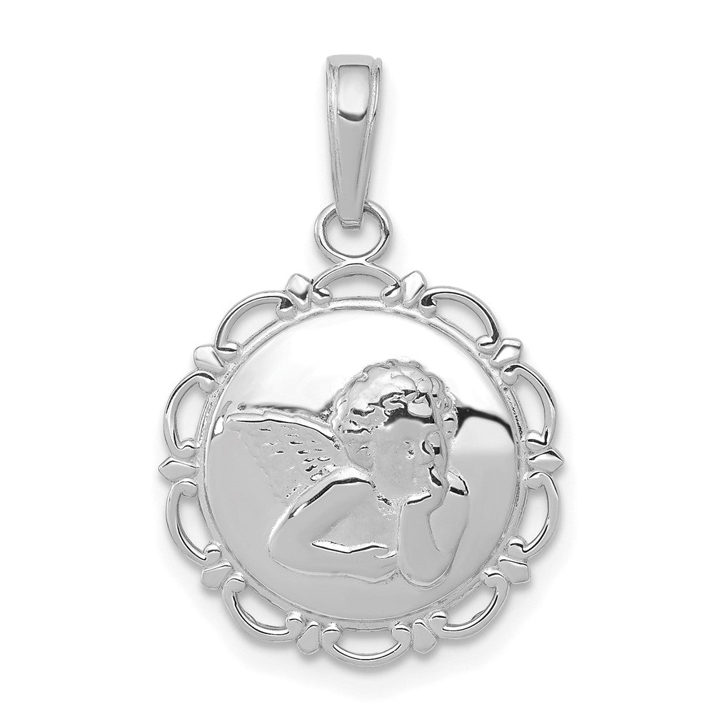 Polished Angel Cherub on Round Scallop Frame Pendant - WBC