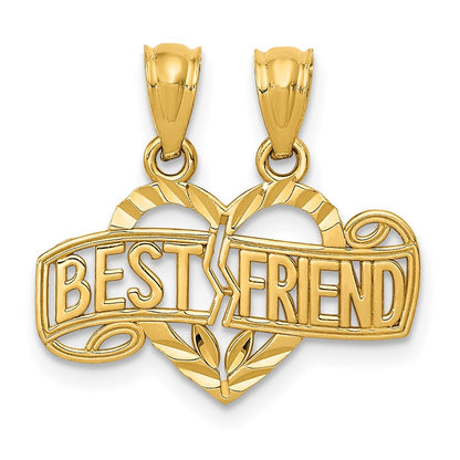14K Gold Caro Diamond-cut 2-Piece Break-Apart Best Friend Heart Pendant, 19mm
