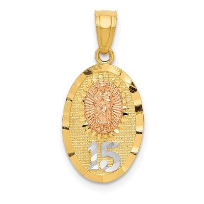 Two-tone with Rhodium Diamond-cut Our Lady of Guadalupe with 15 Pendant - WBC