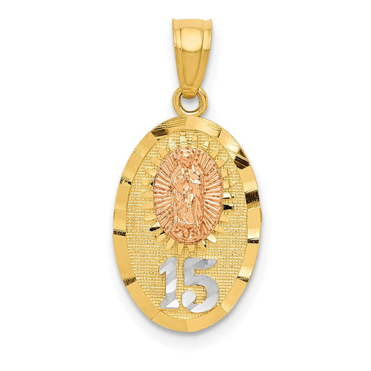 Two-tone with Rhodium Diamond-cut Our Lady of Guadalupe with 15 Pendant - WBC