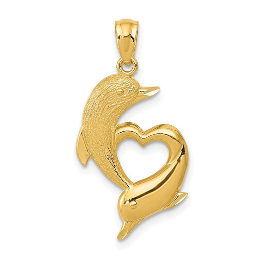 Diamond-cut Satin and Polished Dolphins Heart Pendant - WBC