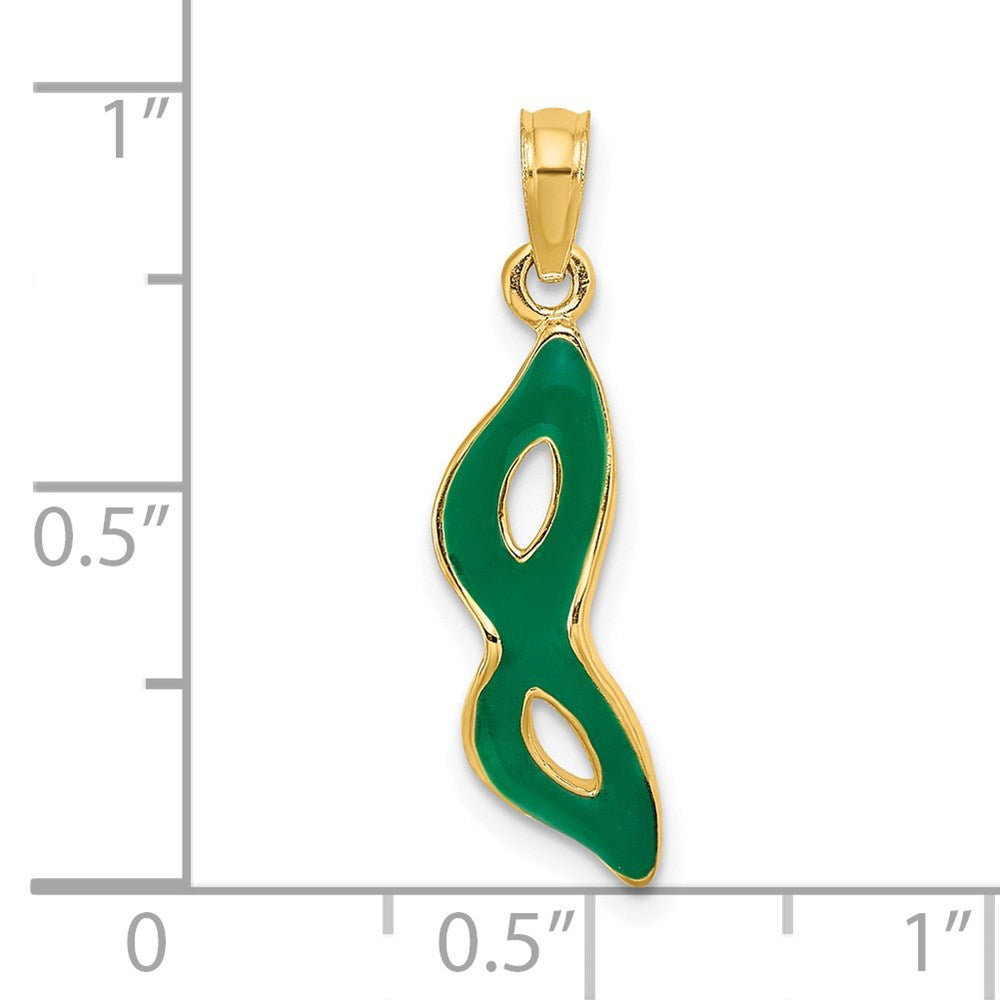3-D and Beveled W/Green Enamel Masquerade Mask Pendant - WBC