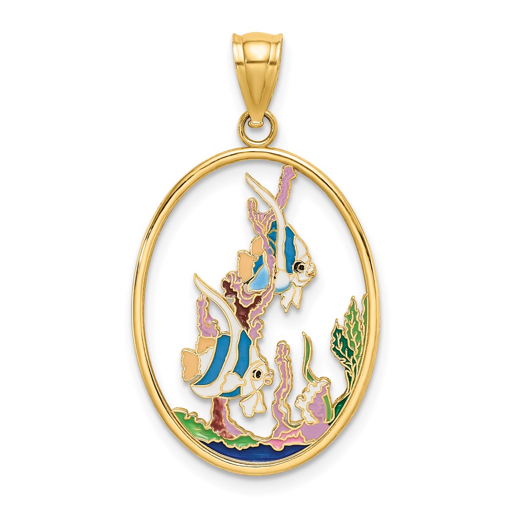 Multi-color Enamel Angelfish In Underwater Scene Oval Charm - WBC