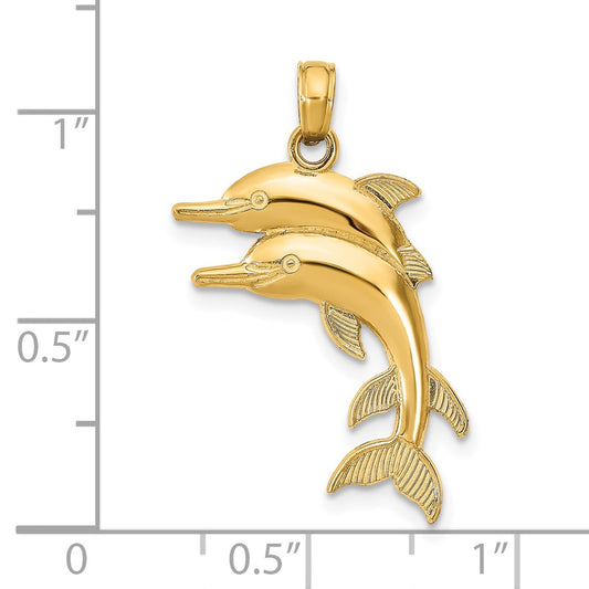 14K Gold 2-D Two Jumping Dolphins Charm, 17.25mm