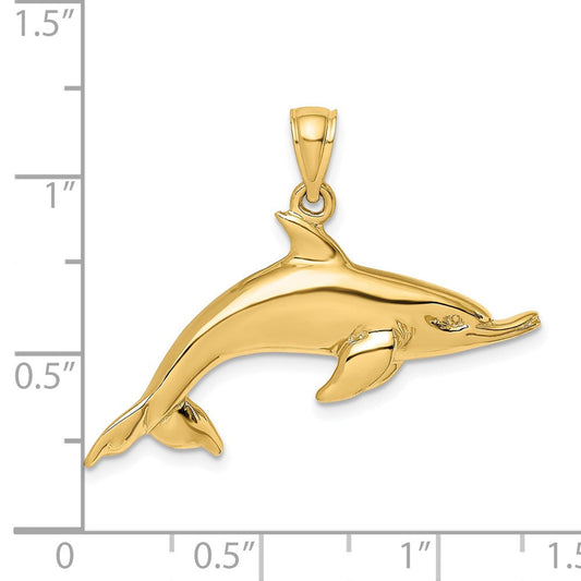 14K Gold Polished Swimming Dolphin Charm, 35.5mm