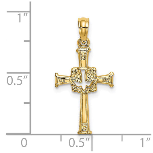 14K Gold Starling Polished & Textured Cross & Dove Charm, 13mm