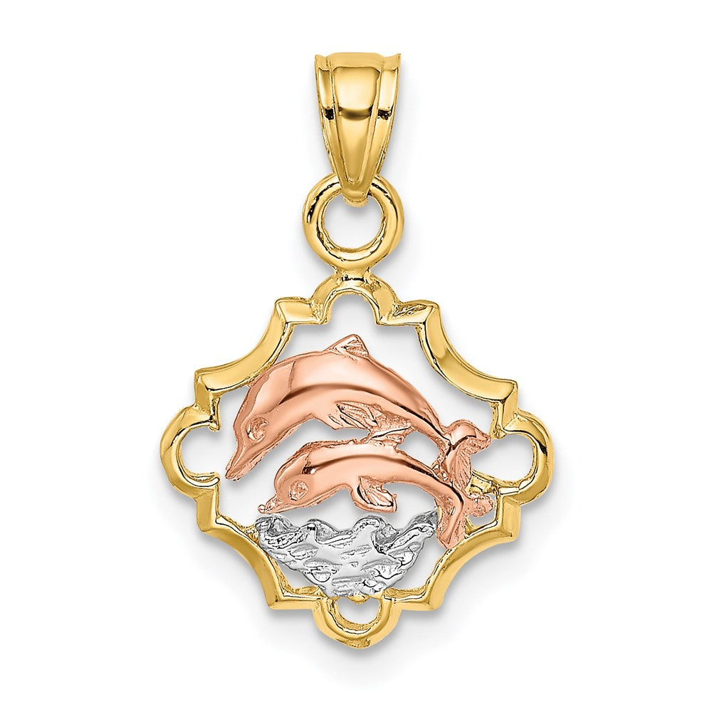Two-tone with Rhodium Double Dolphins In Frame Charm - WBC